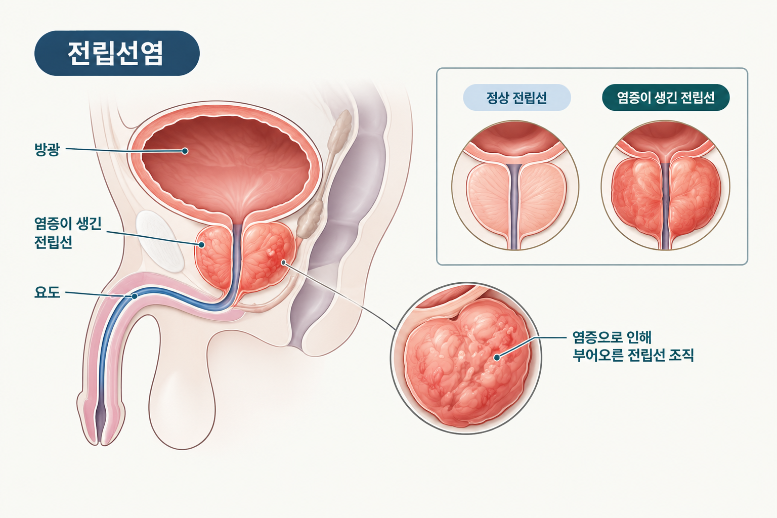 정상 전립선과 염증이 생긴 전립선의 단면 비교 - 방광, 요도, 전립선 위치 설명 이미지